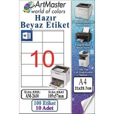 ArtMaster A4 Hazır Beyaz Etiket 105X57 mm 10 Sayfa 1 Paket 10 Lu Kendinden Yapışkanlı Fotokopi Lazer Inkjet Kağıdı Yazıcılar Için