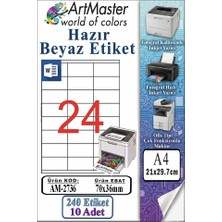 ArtMaster A4 Hazır Beyaz Etiket 70X36 mm 10 Sayfa 1 Paket 24 Lü Kendinden Yapışkanlı Fotokopi Lazer Inkjet Kağıdı Yazıcılar Için