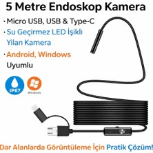 Qasul 5 Metre Endoskop Kamera Su Geçirmez LED Işıklı Boroskop Yılan Kamera Android Uyumlu Micro+Usb+Type-C