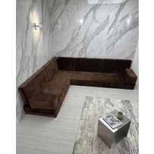 Bakırözü Home Premium Kadife Kumaş, Konforlu Yer Kanepesi ,modüler Şark Köşesi Takımı - Kahve- L Set