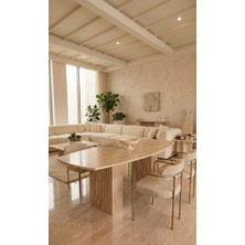 NZ Collection Luxury Traverten Yemek Masası - 200 cm Elips Doğal Taş - 6 Kişilik Özel Tasarım Masa