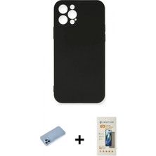 Marsilyan™- iPhone 12 Pro Max Kılıf Ahenk Serisi - Siyah 6d Mat Seramik Hayalet Nano Ekran Koruyucu + Mavi Shine Kamera Lens Koruma Cam