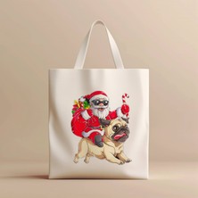 Hobi Hediye Noel Baba ve Pug Köpek Temalı %100 Pamuklu Ham Bez Çanta