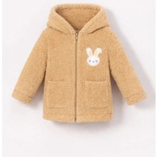 Bubito Tavşan Nakışlı Fermuarlı Cepli Kız Bebek Peluş Welsoft Kışlık Hırka-Kahverengi