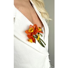 Kuvars Atalier Turuncu Çiçekli Iğne Oyası Yaka Iğnesi - El Yapımı Zarif Şık Broş