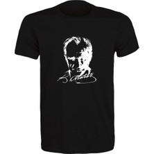 Etifa Tekstil Unisex Siyah %100 Pamuk Regular Tişört – Beyaz Atatürk Imzalı/siluet Baskılı, Günlük T-Shirt