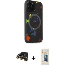 Marsilyan™- iPhone 14 Pro Kılıf Kozmos Doku - Siyah 6d Mat Seramik Hayalet Nano Ekran Koruyucu + Gold Raze Metal Kamera Lens