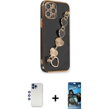 Marsilyan™- iPhone 12 Pro Max Kılıf Nova Işık Prime - Siyah 34D Izgaralı Cam + Lacivert Shine Kamera Lens