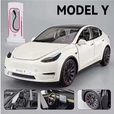 Scntoys Tesla Model Y Diecast Model Araba 1:24 Sesli Işıklı Açılan Kapılar Tesla Yeni Model Araba Beyaz