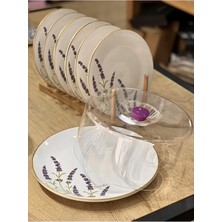 Carmen Soft 8 Parça Lavender Kek Pasta Takımı 7 Adet Lavanta Desenli Seramik Tabak