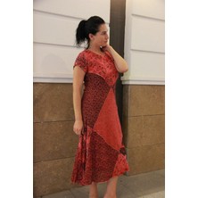 Bohemania Kadın Kırmızı Ay Kol Patchwork Naturel Elbise