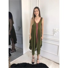 Bohemania Haki Asimetrik Şerit Desen Detaylı Bohem Elbise