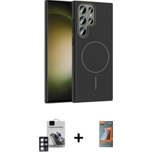 Marsilyan™- Galaxy S24 Ultra Kılıf Siluet Doku Özel Seri - Siyah Autokit 5in1 Fiber Hayalet Polymer Nano Ekran Koruyucu + Pembe Pvd Metal Kamera Lens