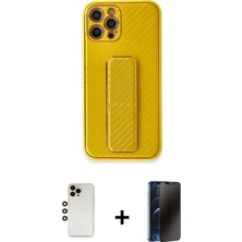 Marsilyan™- iPhone 12 Pro Kılıf Yörünge Yansıma - Siyah 3D Antistatik Hayalet Cam Ekran Koruyucu + Gold Shine Kamera Lens