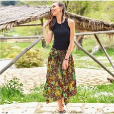 Bohemania Beli Bağlamalı Salaş Midi Yeşil Desenli Kloş Etek