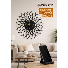 Madam Gold Dekoratif Sessiz Siyah Metal Duvar Saati 68*68 Metal Telefon Tutacağı Hediyeli