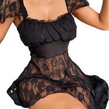 Evrenial Alt Kısmı Tül Üst Kısmı Jarse Mini Fantazi Siyah Gecelik
