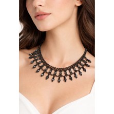 Uretti - Hülya 6683 9124 El Yapımı Kristal Boncuklu Örgü Kadın Kolye 40 cm Minimal Şık Takı - Siyah Gri