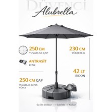 Düvenci Toptan Alubrella Antrasit Renk Bahçe Şemsiyesi Yuvarlak, 250 cm Çaplı, Su Geçirmez Kumaş, Bidonlu