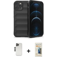Marsilyan™- iPhone 12 Pro Kılıf Atlas Koleksiyonu - Siyah 6d Mat Seramik Hayalet Nano Ekran Koruyucu + Siyah Shine Kamera Lens