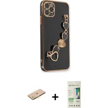 Marsilyan™- iPhone 11 Pro Kılıf Nova Işık Prime - Siyah 20D Premium Cam Ekran Koruyucu + Pembe Renkli Kamera Lens Koruma Cam