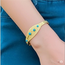 Famemus Accessory Gold Renk Yaprak Desenli Turkuaz Taşlı Bilezik