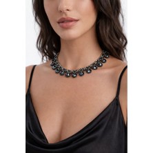 Uretti - Hülya 6683 4964 El Yapımı Kristal Boncuklu Örgü Kadın Kolye 46 cm Minimal Şık Takı Gümüş-Siyah