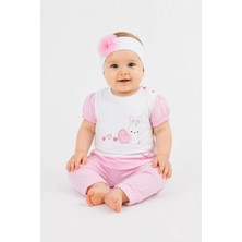 Dinamik çocuk Kız Bebek 3'lü Takım Kalp Tavşan Nakışlı Bandanalı Alt Üst Set Yazlık %100PAMUK 0-3-6-9AY