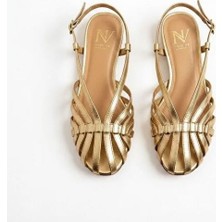 Ne&Ve Shoes Altın Deri Biye Kadın Günlük Sandalet