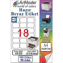 ArtMaster A4 Hazır Beyaz Etiket 63.5X46.6MM 50 Sayfa 1 Paket 18 Li Kendinden Yapışkanlı Fotokopi Lazer Inkjet Kağıdı Yazıcılarla