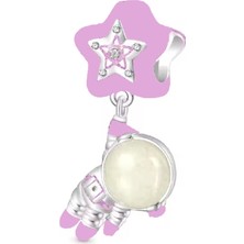 Fubena Yıldızını Tutan Pembe Astronot Sallantılı Gümüş Charm