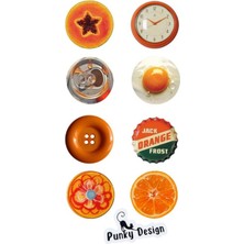 Punky Store Retro Turuncu Temalı Rozet Seti 44 mm Karışık Desenli Iğneli Yaka Rozeti 8 Adet