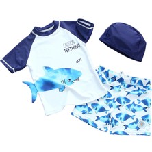 Petityu UPF50+ Güneş Korumalı Beyaz Laci Mavi Shark 3’lü Set Kısa Laci Kol Caution Teething Yazılı