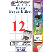 ArtMaster A4 Hazır Beyaz Etiket 63.5X72MM 50 Sayfa 1 Paket 12 Li Kendinden Yapışkanlı Fotokopi Lazer Inkjet Kağıdı Yazıcılar Için