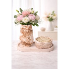 Mermer Desenli Şık Vazo & Dekoratif Mum Seti