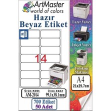ArtMaster A4 Hazır Beyaz Etiket 99.1X38.1MM 50 Sayfa 1 Paket 14 Lü Kendinden Yapışkanlı Fotokopi Lazer Inkjet Kağıdı Yazıcılarla