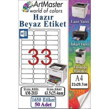 ArtMaster A4 Hazır Beyaz Etiket 63.5X25.4MM 50 Sayfa 1 Paket 33 Lü Kendinden Yapışkanlı Fotokopi Lazer Inkjet Kağıdı Yazıcılarla