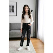 BBS Kız Çocuk Lazer Kesim Eskitme Detaylı Pantolon Jean - Antrasit Siyah Mom Fit
