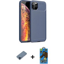 Marsilyan™- iPhone 11 Pro Max Kılıf Eksen Form Prime - Siyah 18D Cam Ekran Koruyucu + Mavi Metal Kamera Lens Koruma Cam