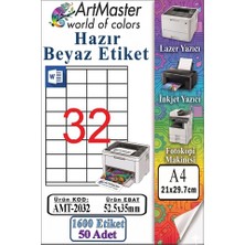 ArtMaster A4 Hazır Beyaz Etiket 52.5X35MM 50 Sayfa 1 Paket 32 Li Kendinden Yapışkanlı Fotokopi Lazer Inkjet Kağıdı Yazıcılar Için