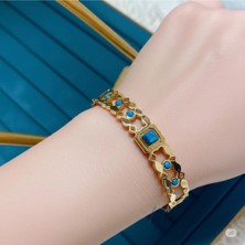 Famemus Accessory Sevgililer Gününe Özel Gold Çelik Turkuaz Taşlı Özel Tasarım Bileklik