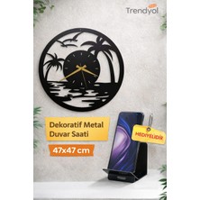 Madam Gold Dekoratif Sessiz Siyah Metal Duvar Saati 47X47CM Metal Telefon Tutacağı Hediyeli