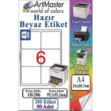 ArtMaster A4 Hazır Beyaz Etiket 99.1X93.1MM 50 Sayfa 1 Paket 6 Lı Kendinden Yapışkanlı Fotokopi Lazer Inkjet Kağıdı Yazıcılarla