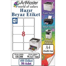 ArtMaster A4 Hazır Beyaz Etiket 99.1X67.7MM 50 Sayfa 1 Paket 8 Li Kendinden Yapışkanlı Fotokopi Lazer Inkjet Kağıdı Yazıcılarla
