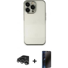 Marsilyan™- iPhone 13 Pro Max Kılıf Vadi Minimal - Siyah 3D Antistatik Hayalet Cam Ekran Koruyucu + Gümüş Raze Metal Kamera Lens