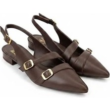 Ne&Ve Shoes Kahve Deri Üç Tokalı Kadın Sivri Burun Babet