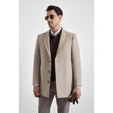 Süvari Bej Slim Sivri Yaka Düz Yan Cepli Düğmeli Dolgusuz Standart Kaban