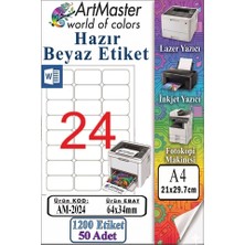 ArtMaster A4 Hazır Beyaz Etiket 64X34 mm 50 Sayfa 1 Paket 24 Lü Kendinden Yapışkanlı Fotokopi Lazer Inkjet Kağıdı Yazıcılar Için