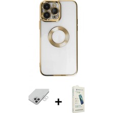 Marsilyan™- iPhone 14 Pro Max Kılıf Pusula Form - Şeffaf Pasifik Cam Ekran Koruyucu + Gümüş Band Metal Kamera Lens