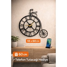 Madam Gold Dekoratif Sessiz Siyah Metal Duvar Saati Metal Telefon Tutacağı Hediyeli